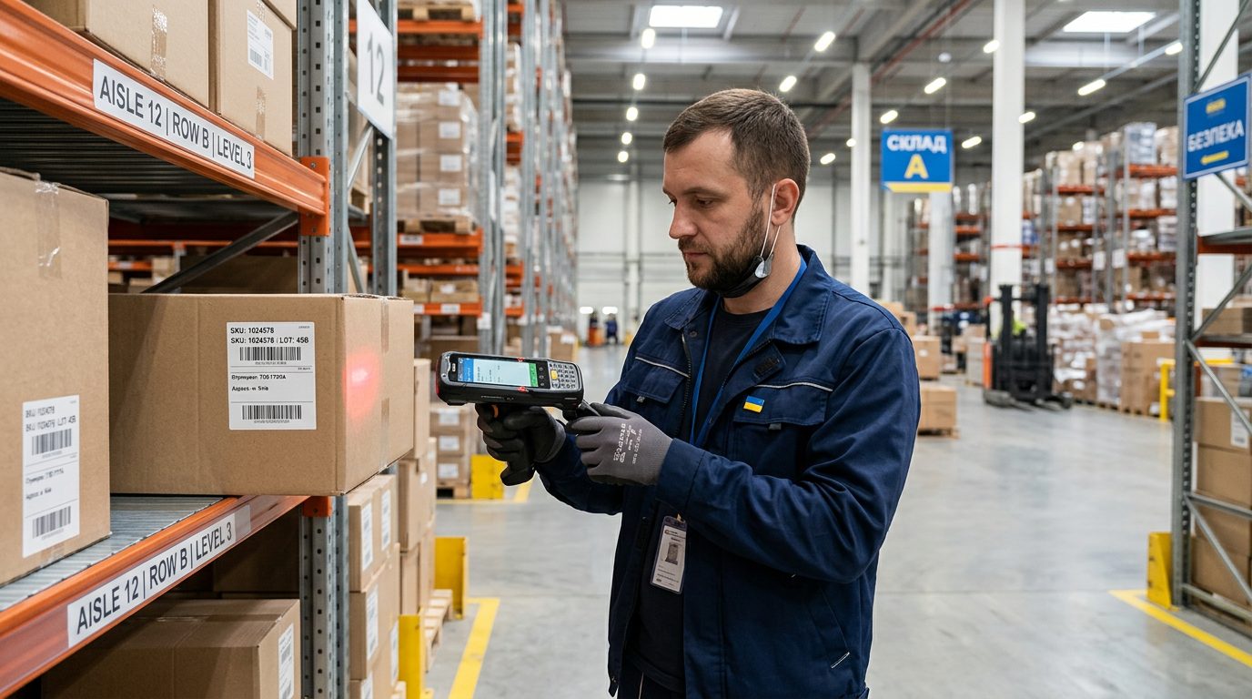 Працівник склада сканує штрих-код Android ТЗД біля стелажів з товаром
