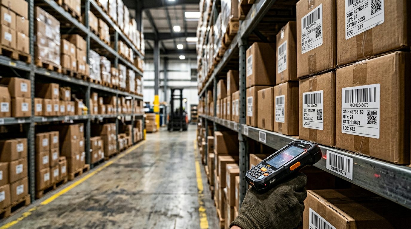 Складські полиці з коробками та штрих-кодами на етикетках