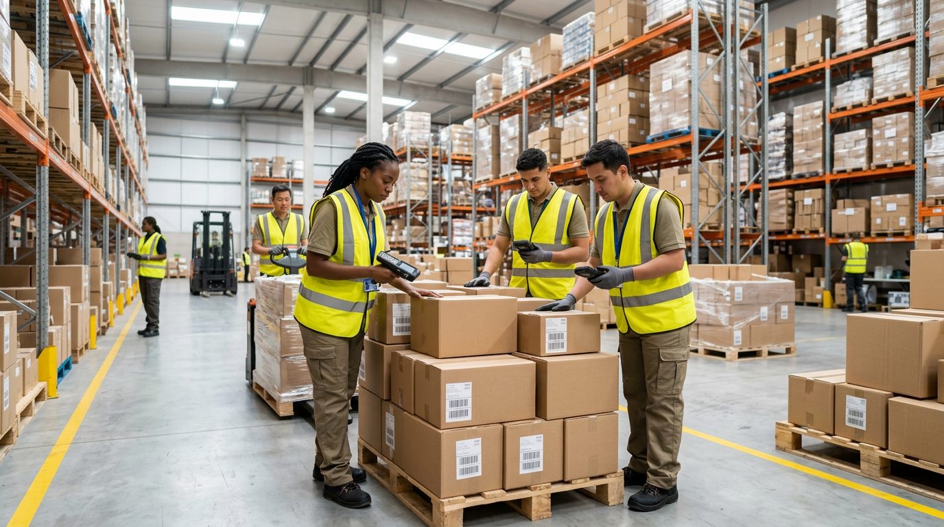 Команда на складі з терміналами збору даних під час приймання та інвентаризації